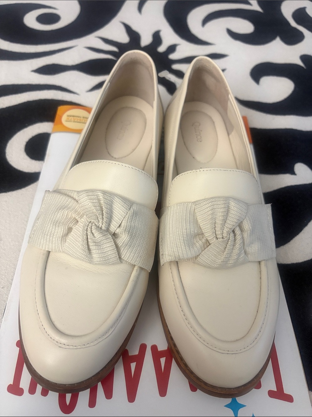 Quince Cream Bow-Trim Loafers 9W